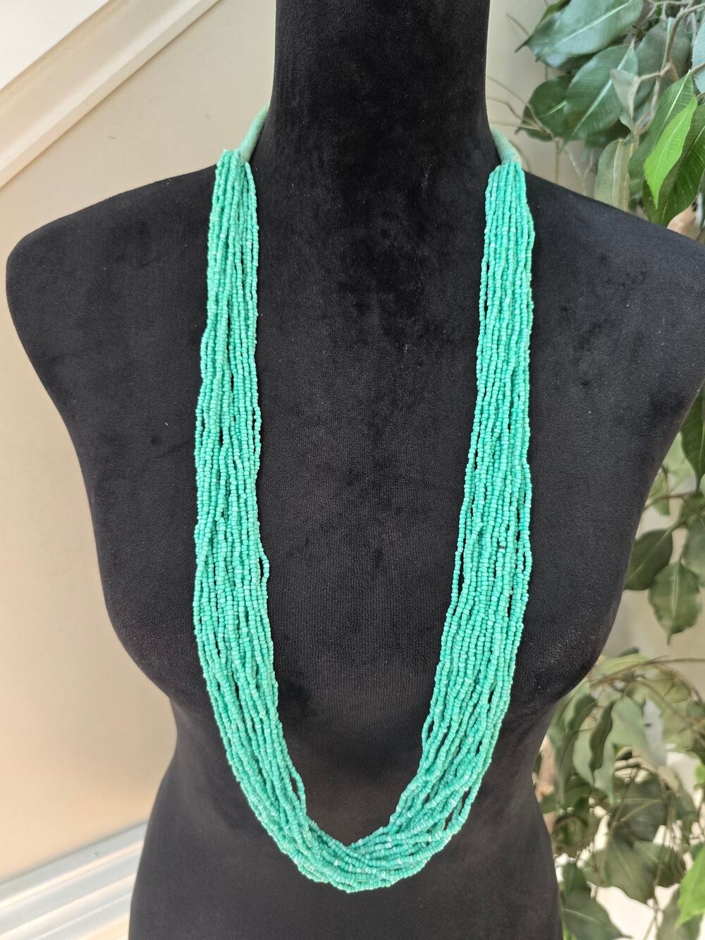 Turquoise Multi Strand Seed Bead Statement Necklace Boho Layered